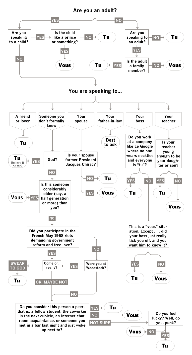 Arbre de décision du LA Times sur le tutoiement en français, rédigé en anglais. Il part de « Are you an adult? » puis détaille de nombreux interlocuteurs, ami, conjoint, beau-père, patron ou professeur, pour conclure par « Tu » ou « Vous ».