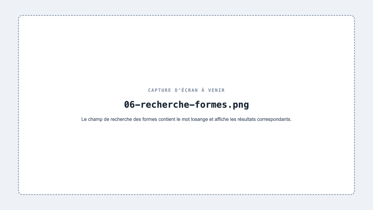 Le champ de recherche des formes contient le mot losange et affiche les résultats correspondants.