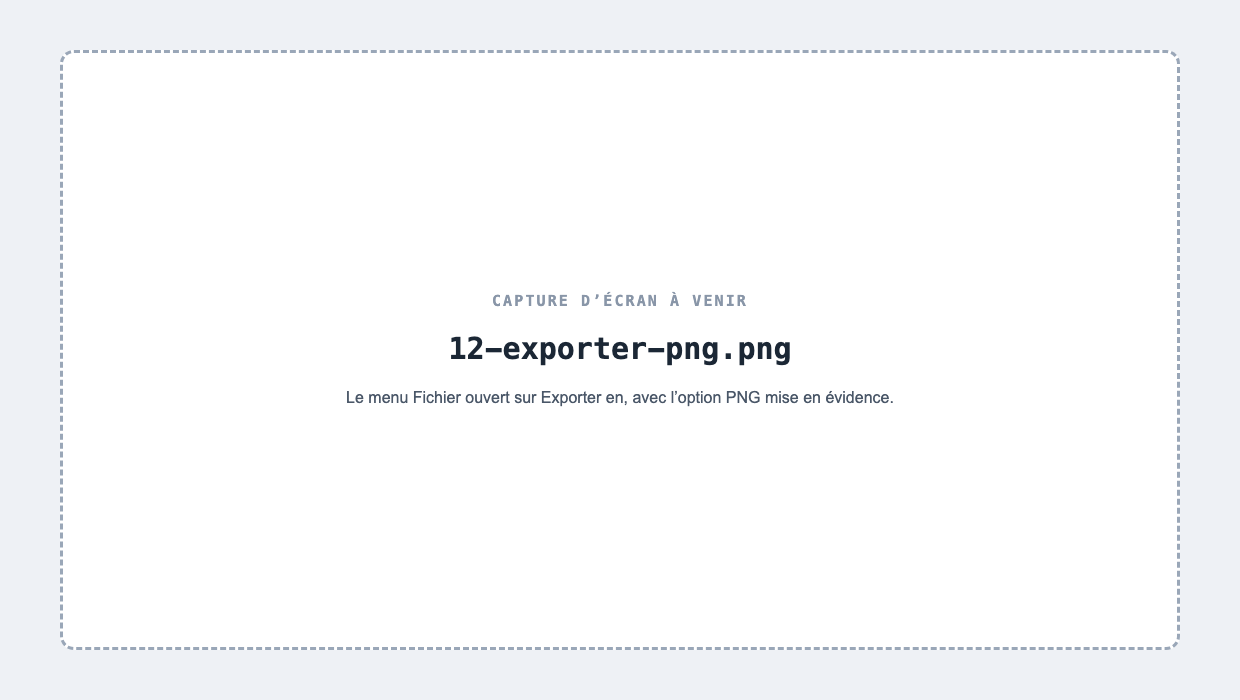 Le menu Fichier ouvert sur Exporter en, avec l’option PNG mise en évidence.